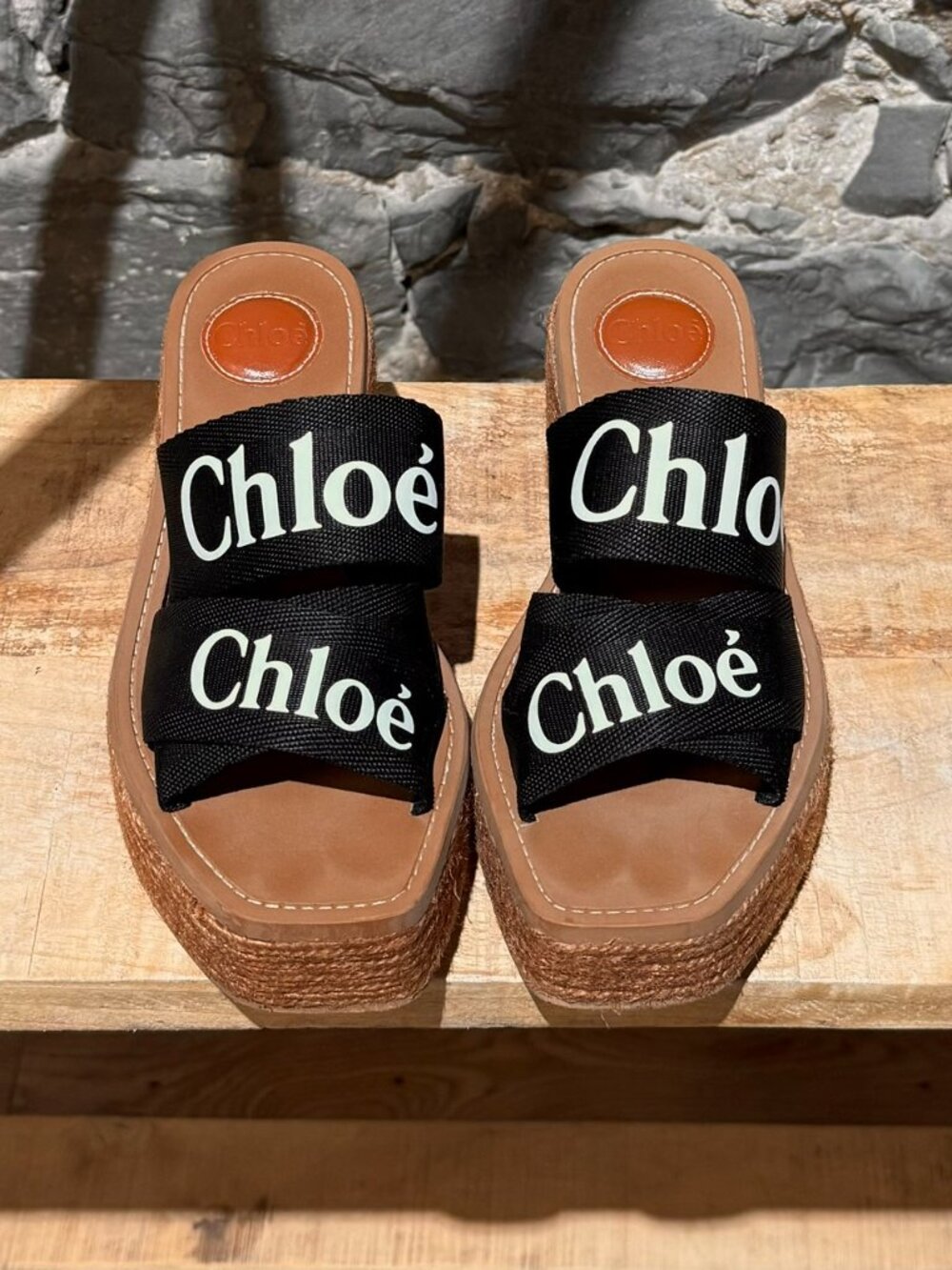 Chloé Black Logo Platform Wedge Woody Sandals - Picture 3 of 10